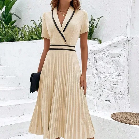 preppy Womens Contrast Binding Pleated Hem Dress - Picture 1 of 5
